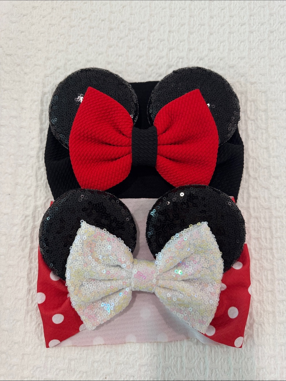 Sequin Minnie Ear Headbands with Bows - Black, Red, White